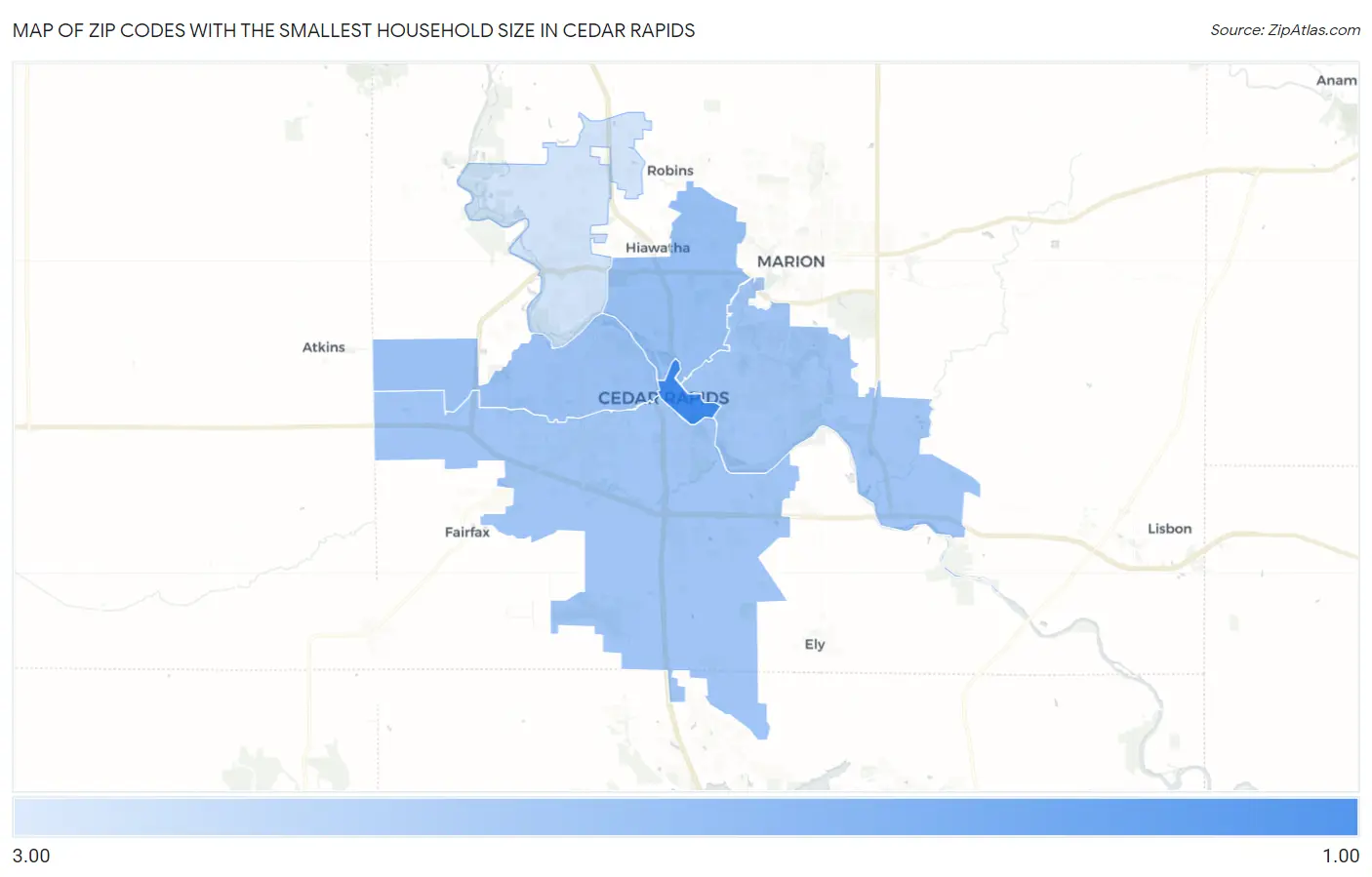 Zip Codes with the Smallest Household Size in Cedar Rapids Map