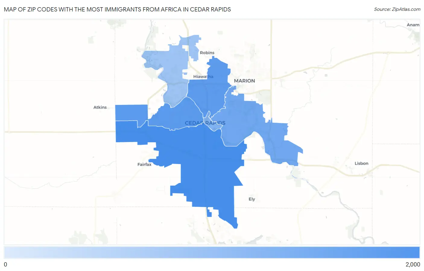Zip Codes with the Most Immigrants from Africa in Cedar Rapids Map
