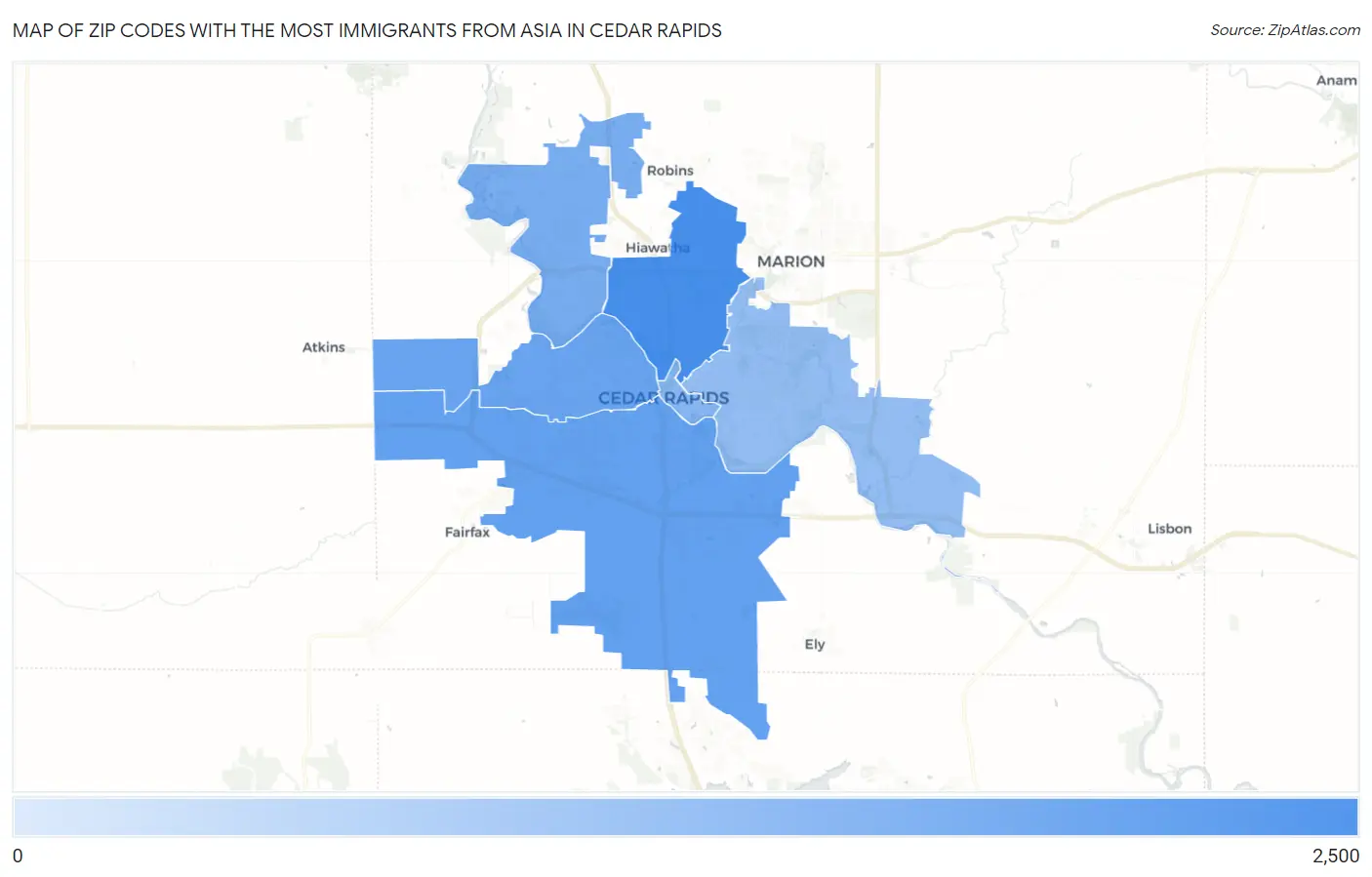 Zip Codes with the Most Immigrants from Asia in Cedar Rapids Map