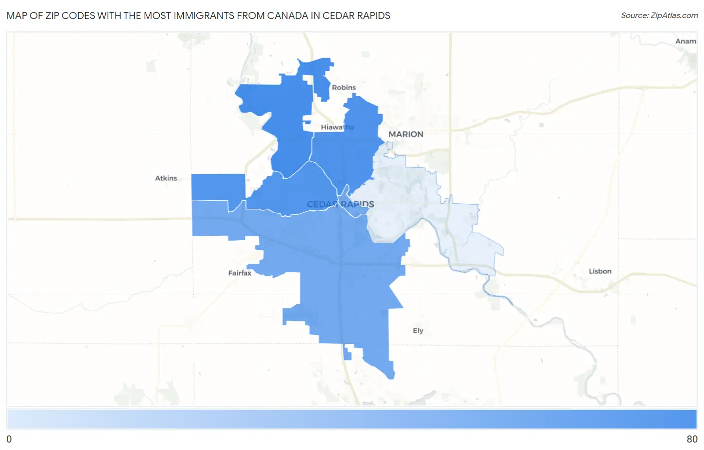 Zip Codes with the Most Immigrants from Canada in Cedar Rapids Map