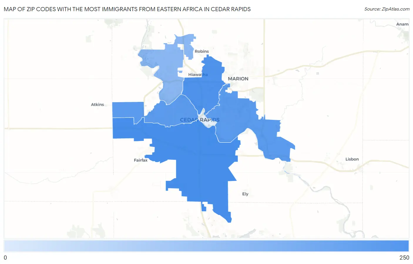 Zip Codes with the Most Immigrants from Eastern Africa in Cedar Rapids Map