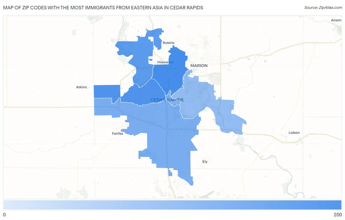 Zip Codes with the Most Immigrants from Eastern Asia in Cedar Rapids Map