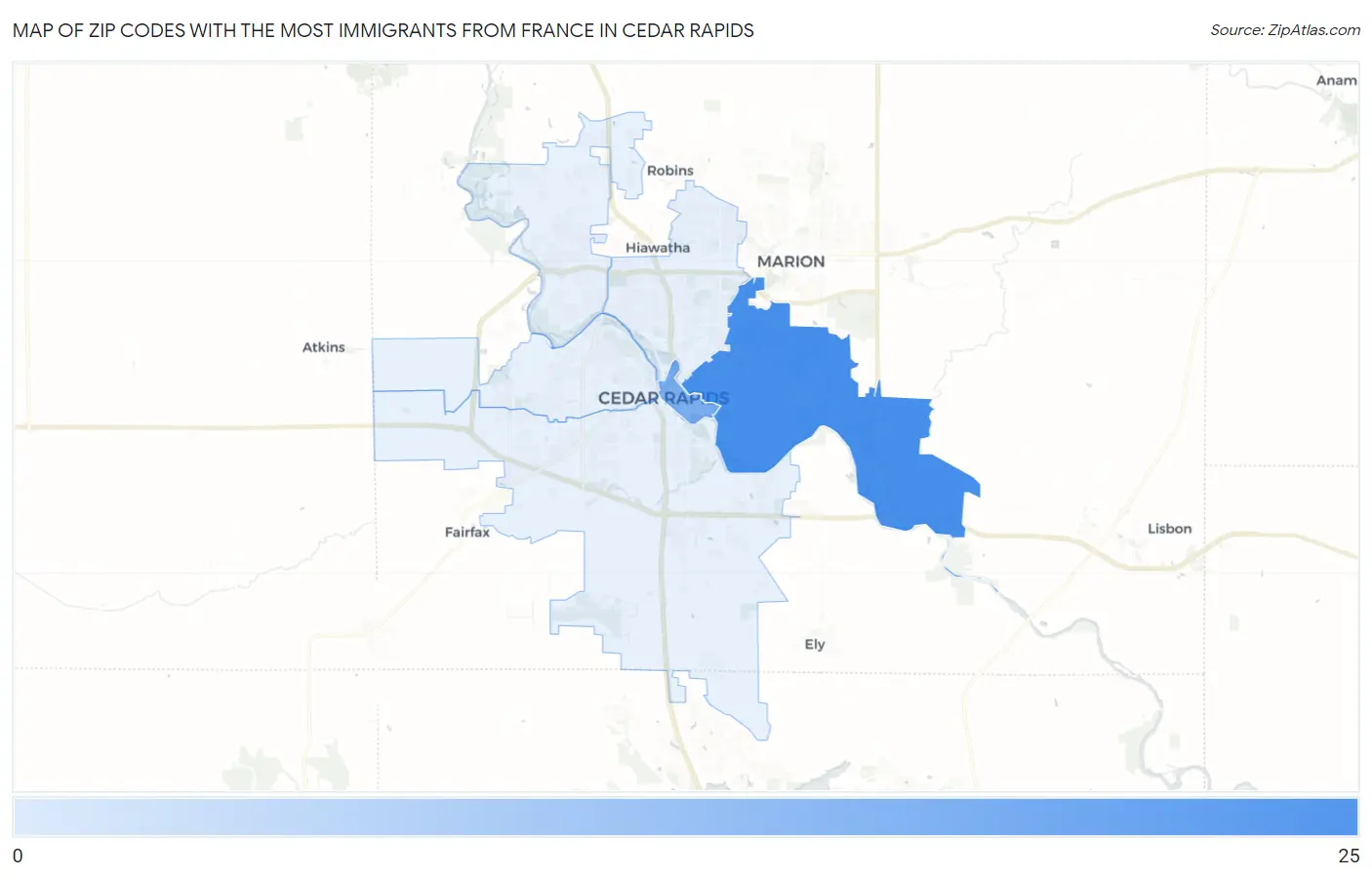 Zip Codes with the Most Immigrants from France in Cedar Rapids Map