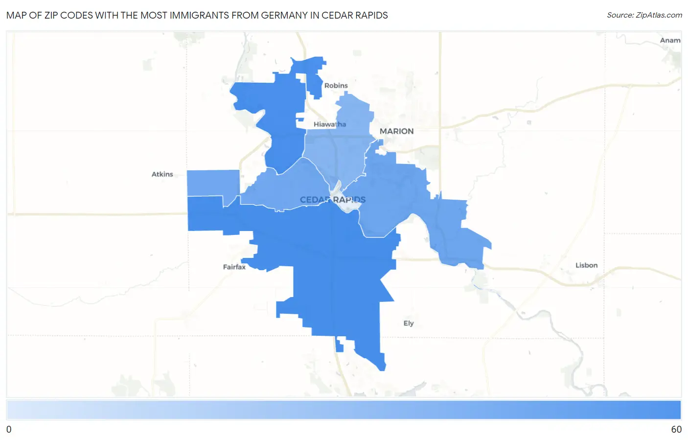 Zip Codes with the Most Immigrants from Germany in Cedar Rapids Map
