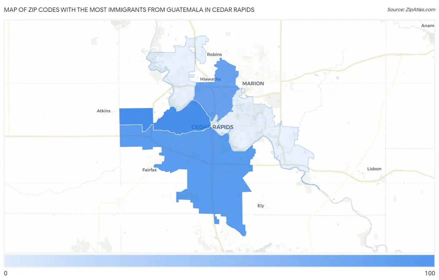 Zip Codes with the Most Immigrants from Guatemala in Cedar Rapids Map