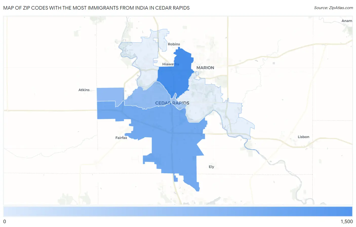 Zip Codes with the Most Immigrants from India in Cedar Rapids Map