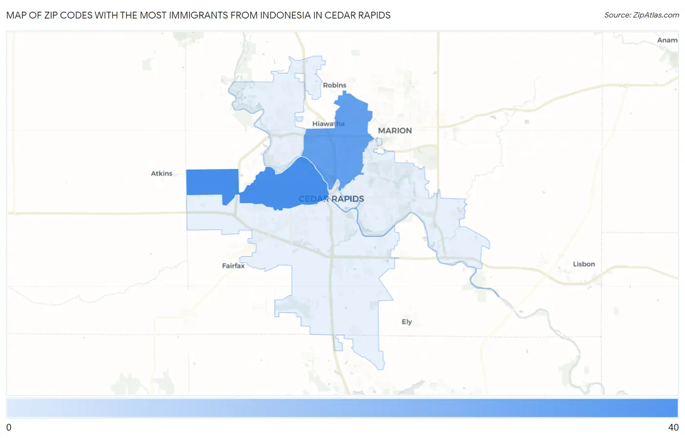 Zip Codes with the Most Immigrants from Indonesia in Cedar Rapids Map