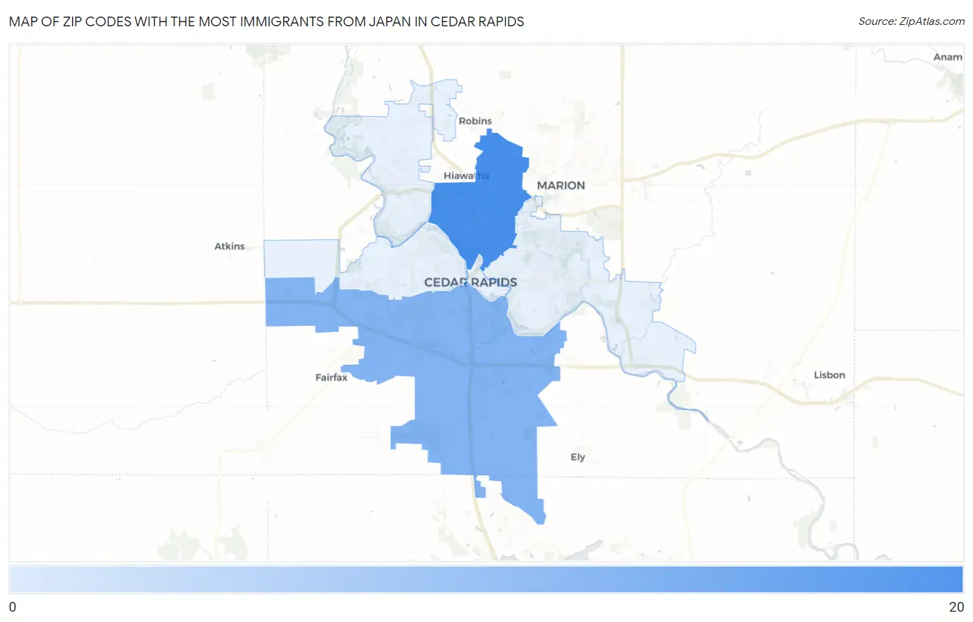 Zip Codes with the Most Immigrants from Japan in Cedar Rapids Map
