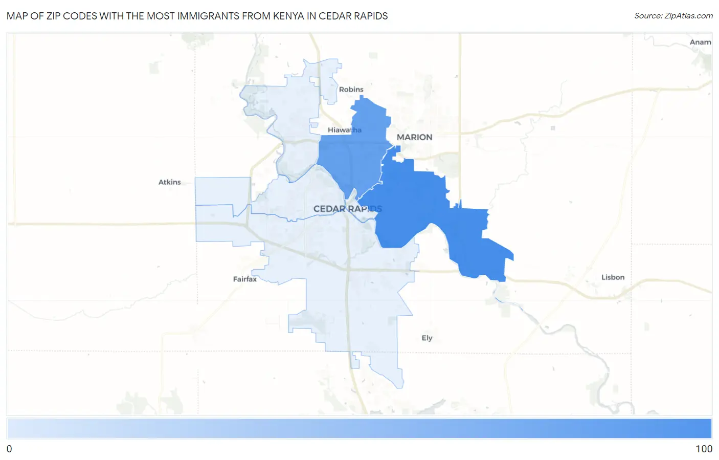 Zip Codes with the Most Immigrants from Kenya in Cedar Rapids Map