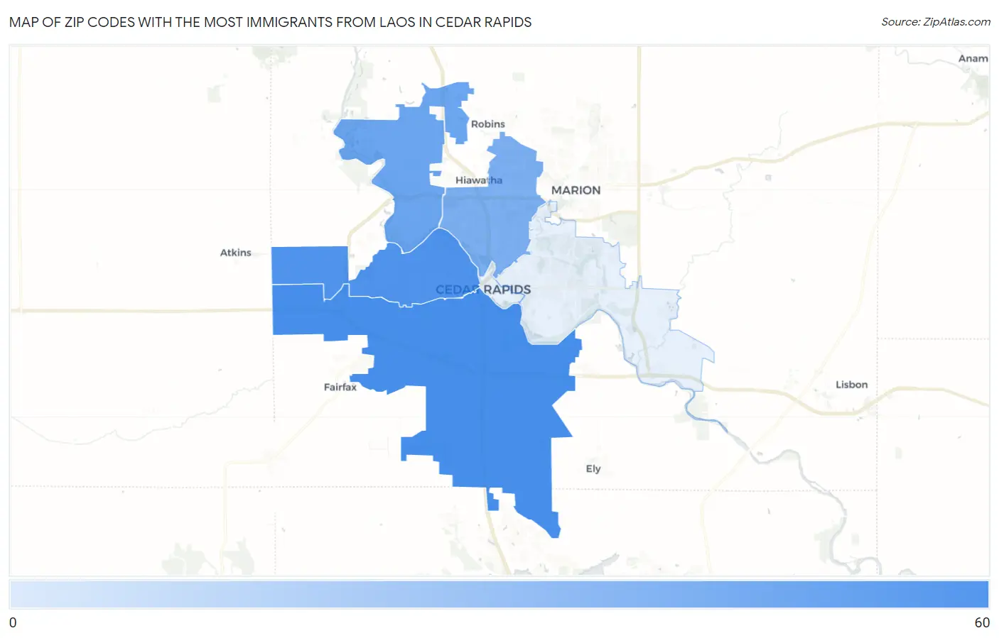 Zip Codes with the Most Immigrants from Laos in Cedar Rapids Map