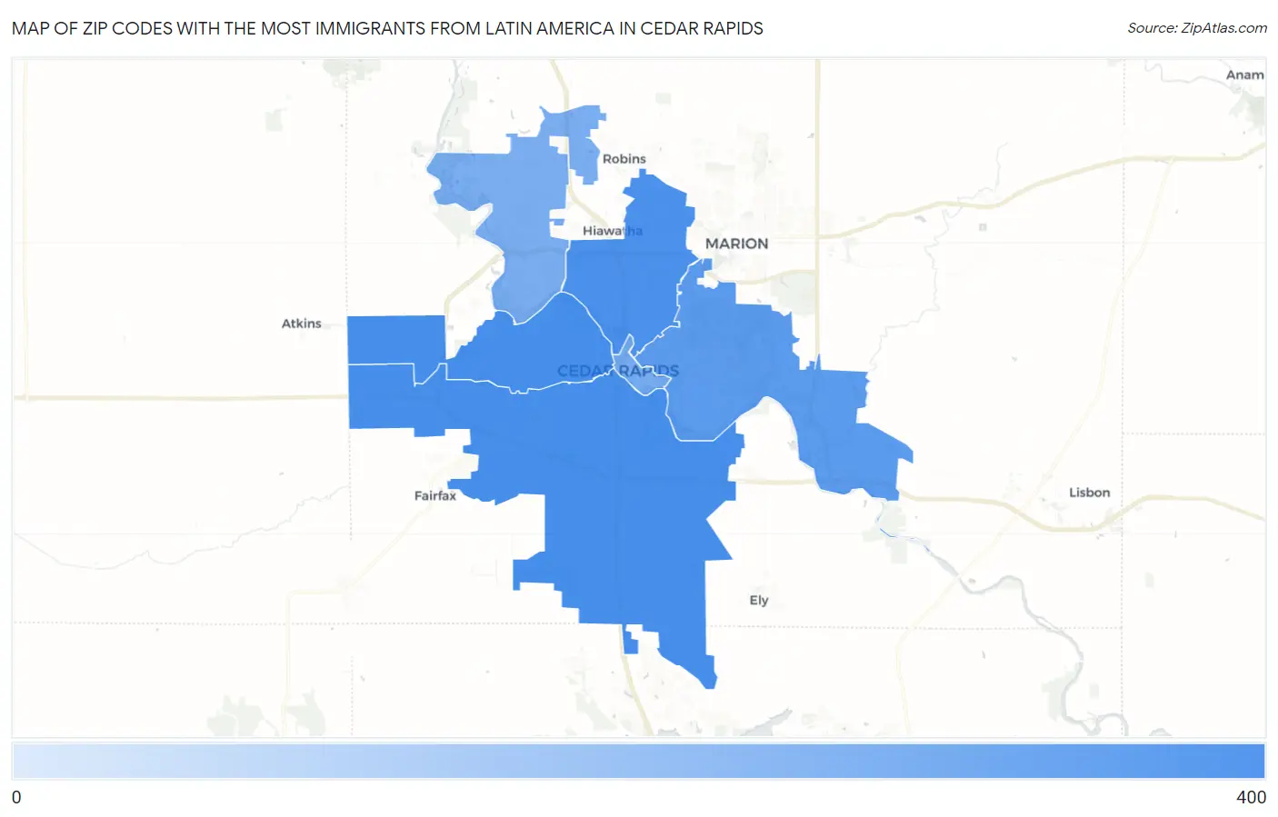 Zip Codes with the Most Immigrants from Latin America in Cedar Rapids Map