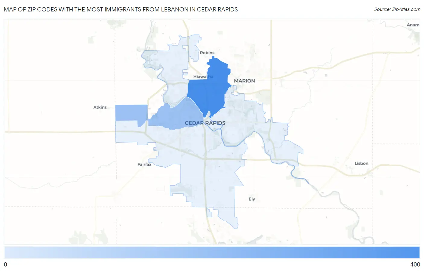 Zip Codes with the Most Immigrants from Lebanon in Cedar Rapids Map