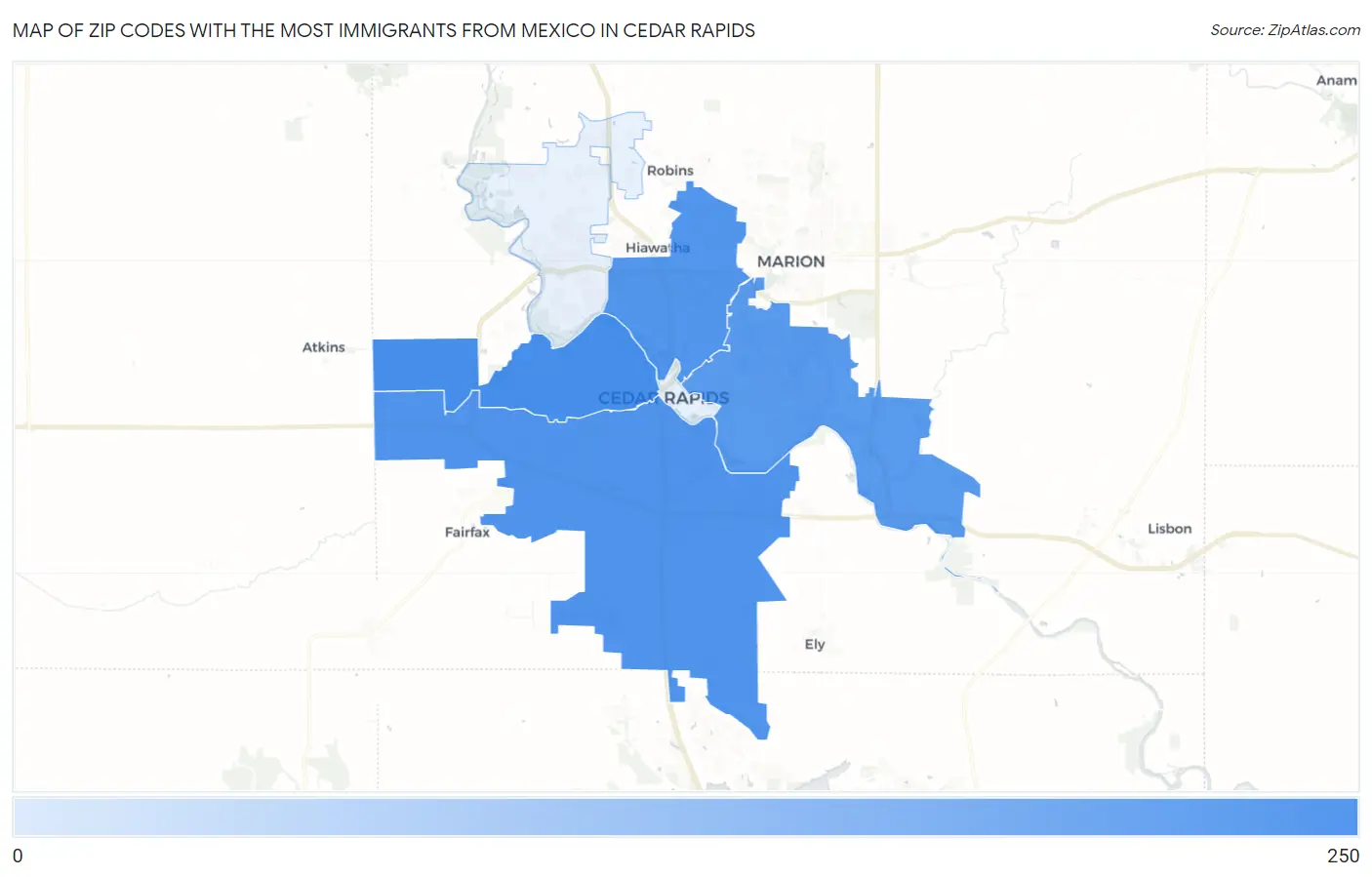 Zip Codes with the Most Immigrants from Mexico in Cedar Rapids Map