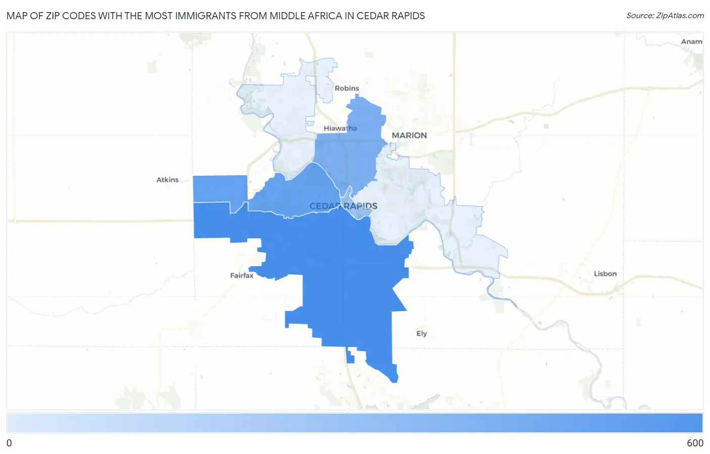 Zip Codes with the Most Immigrants from Middle Africa in Cedar Rapids Map