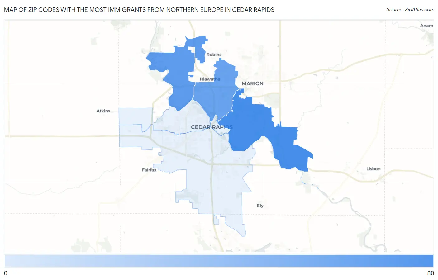 Zip Codes with the Most Immigrants from Northern Europe in Cedar Rapids Map