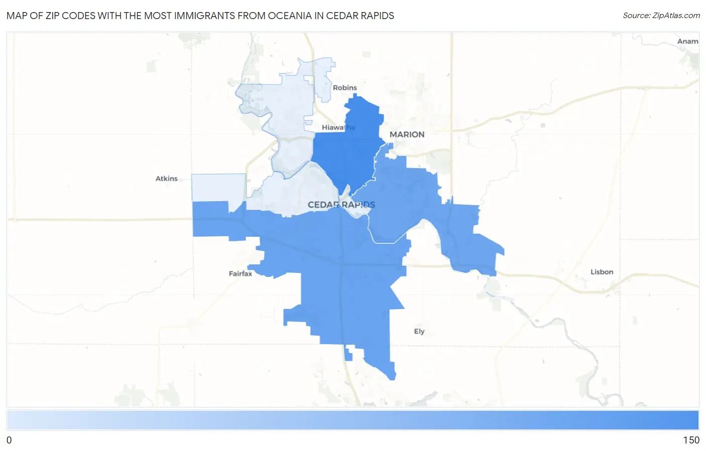 Zip Codes with the Most Immigrants from Oceania in Cedar Rapids Map