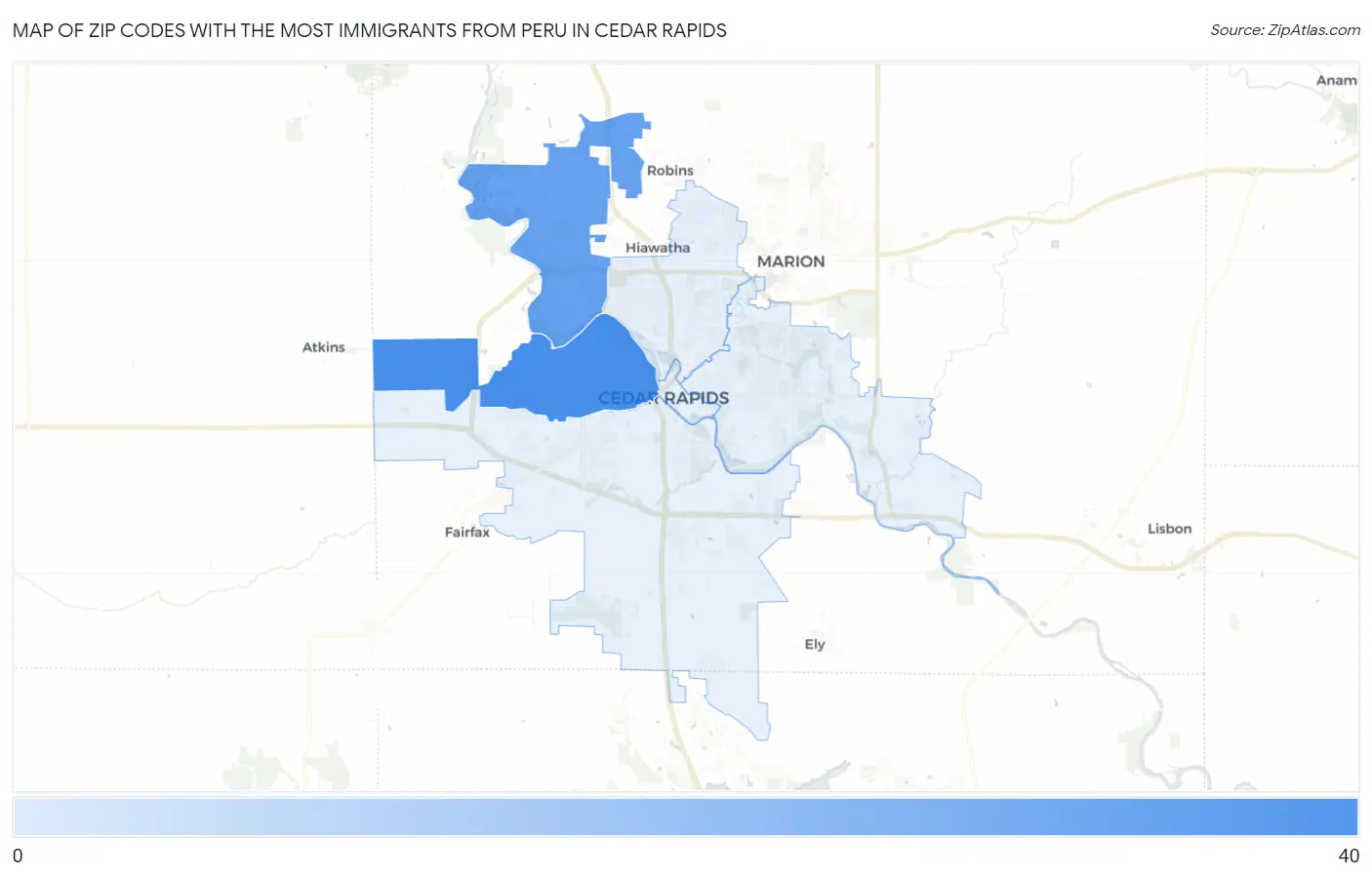 Zip Codes with the Most Immigrants from Peru in Cedar Rapids Map