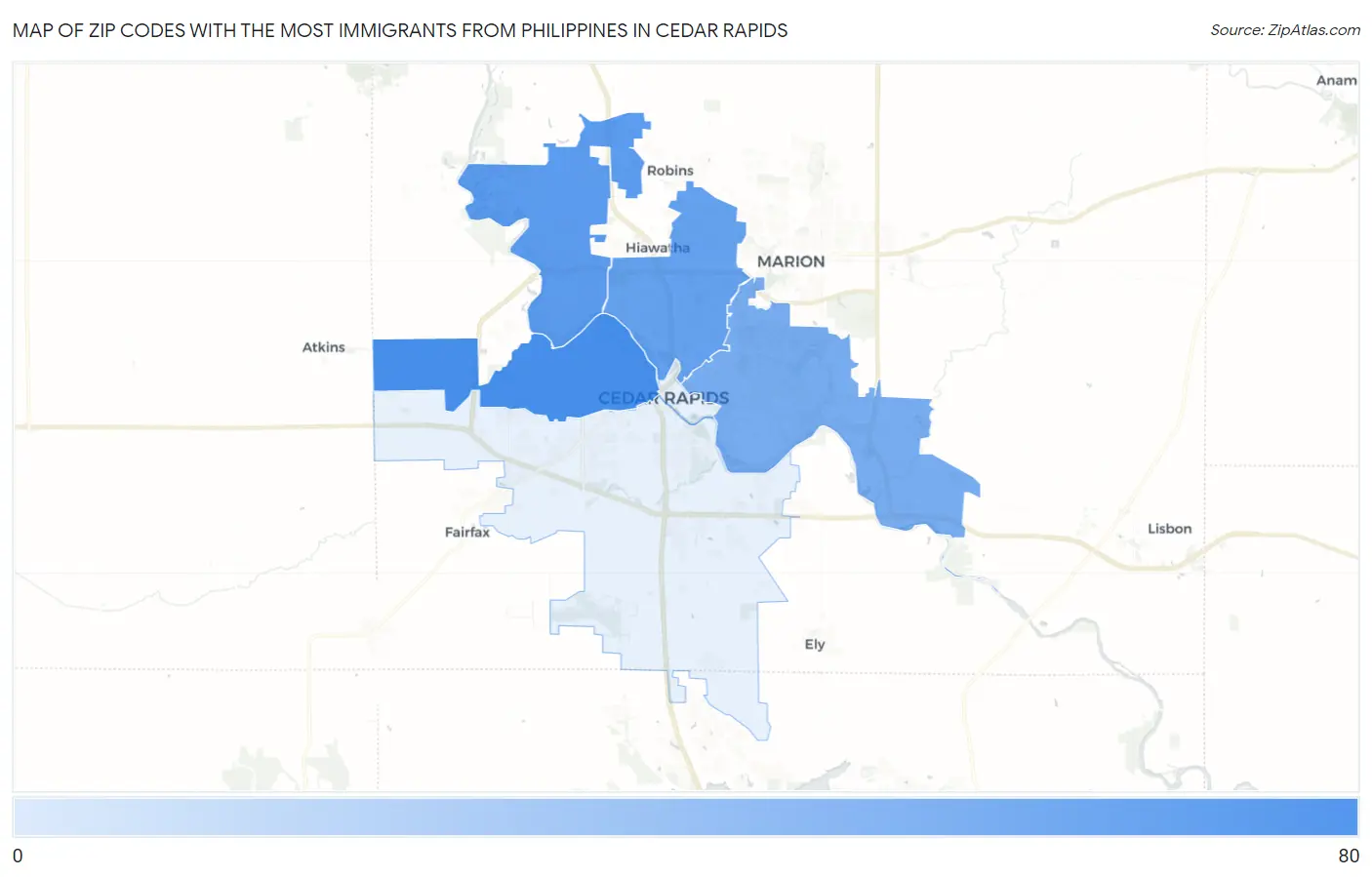 Zip Codes with the Most Immigrants from Philippines in Cedar Rapids Map