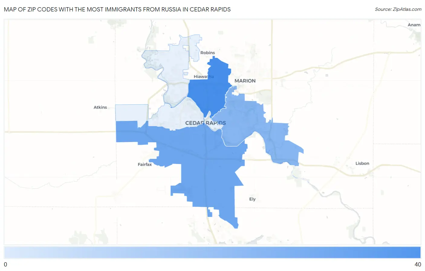 Zip Codes with the Most Immigrants from Russia in Cedar Rapids Map