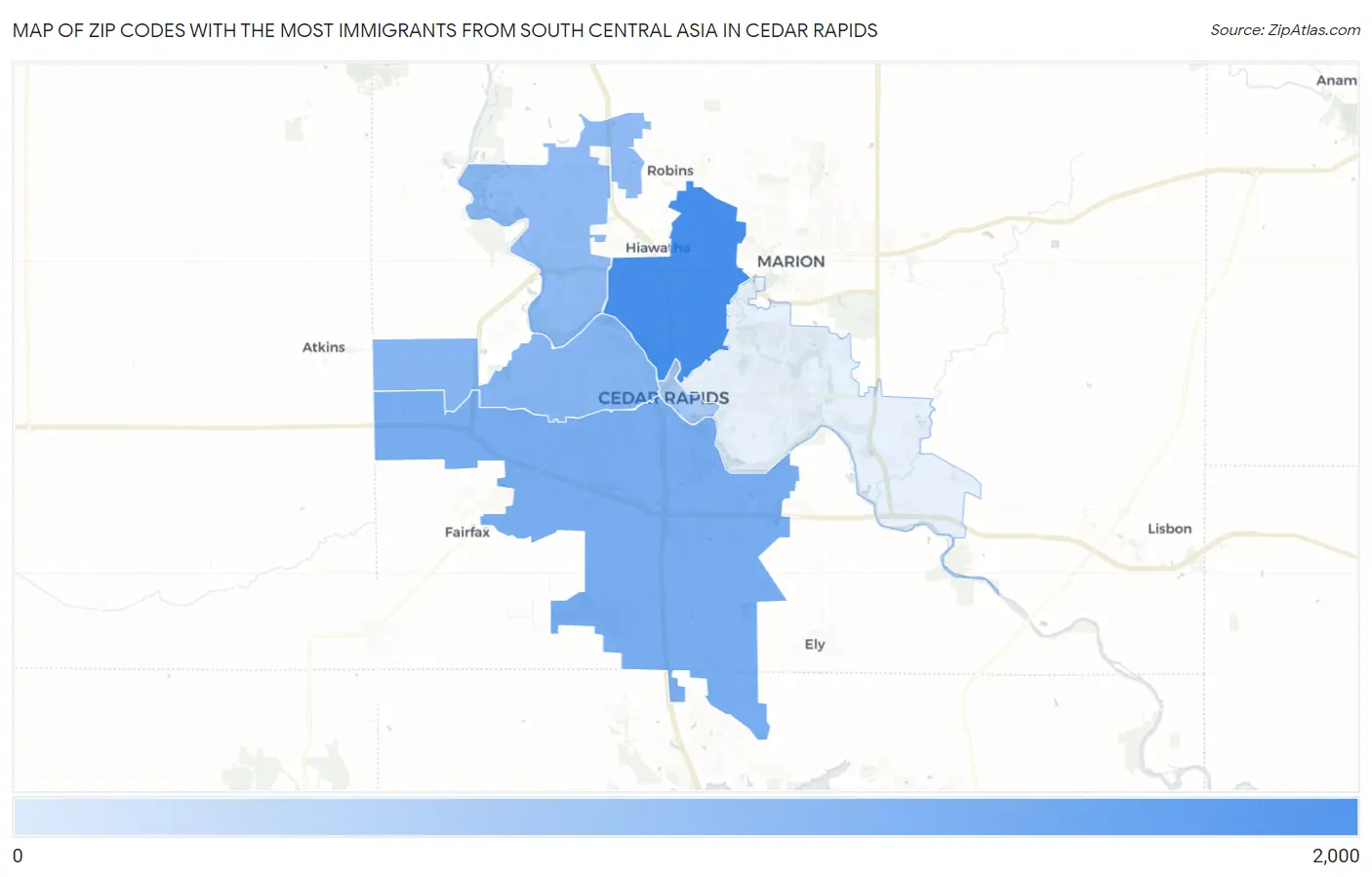 Zip Codes with the Most Immigrants from South Central Asia in Cedar Rapids Map