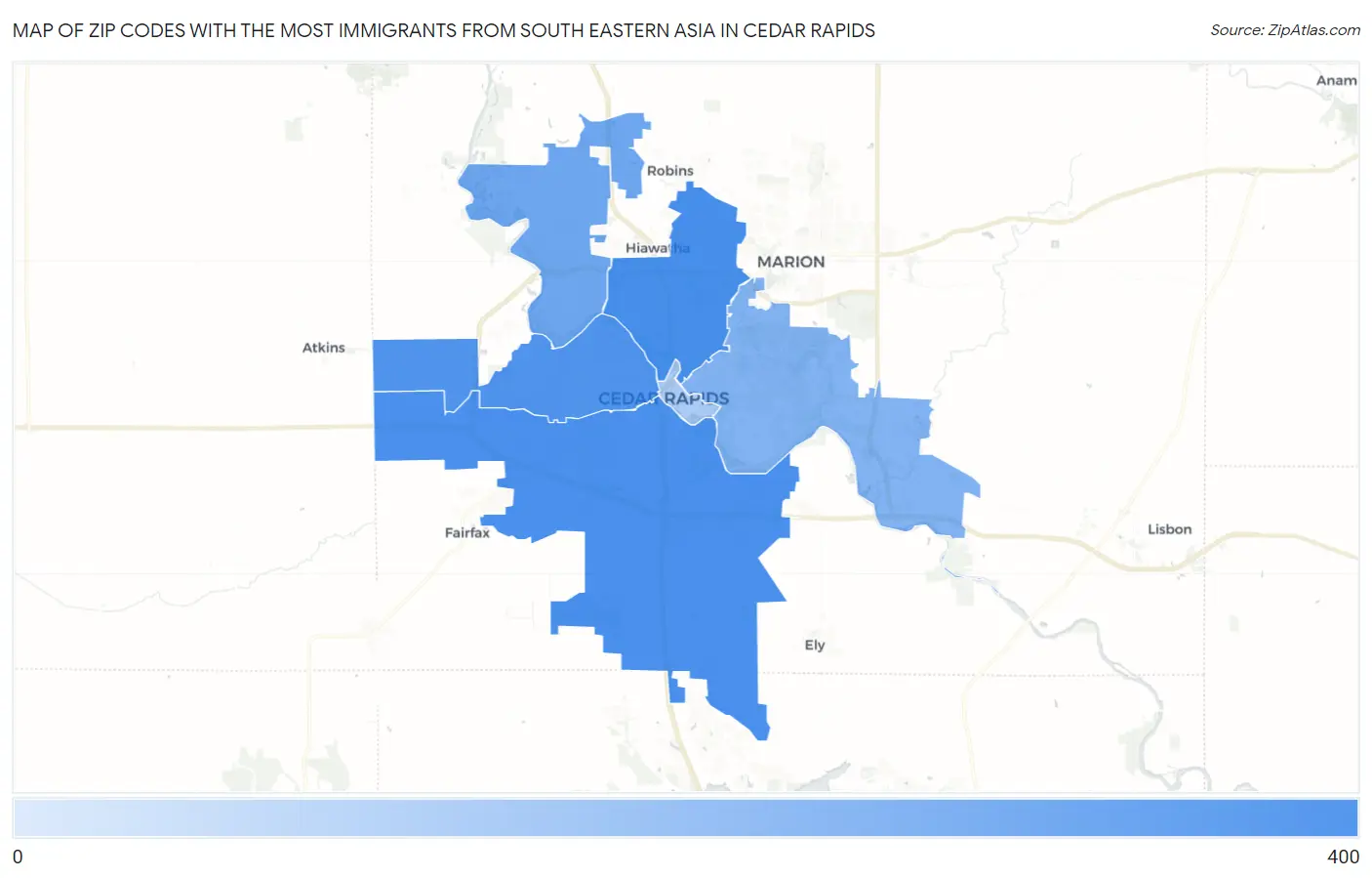 Zip Codes with the Most Immigrants from South Eastern Asia in Cedar Rapids Map