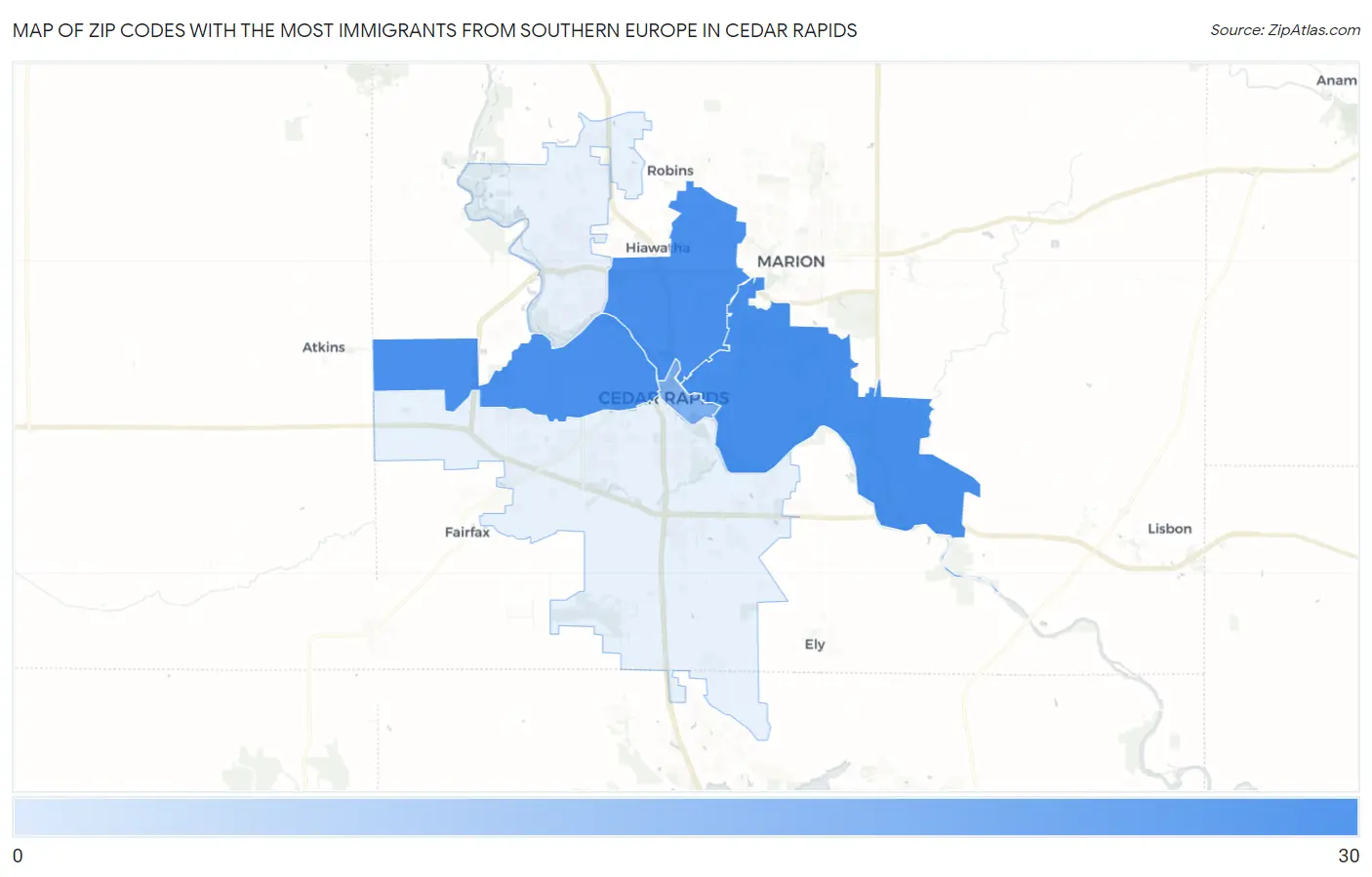 Zip Codes with the Most Immigrants from Southern Europe in Cedar Rapids Map