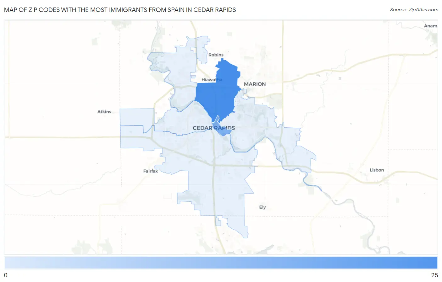 Zip Codes with the Most Immigrants from Spain in Cedar Rapids Map