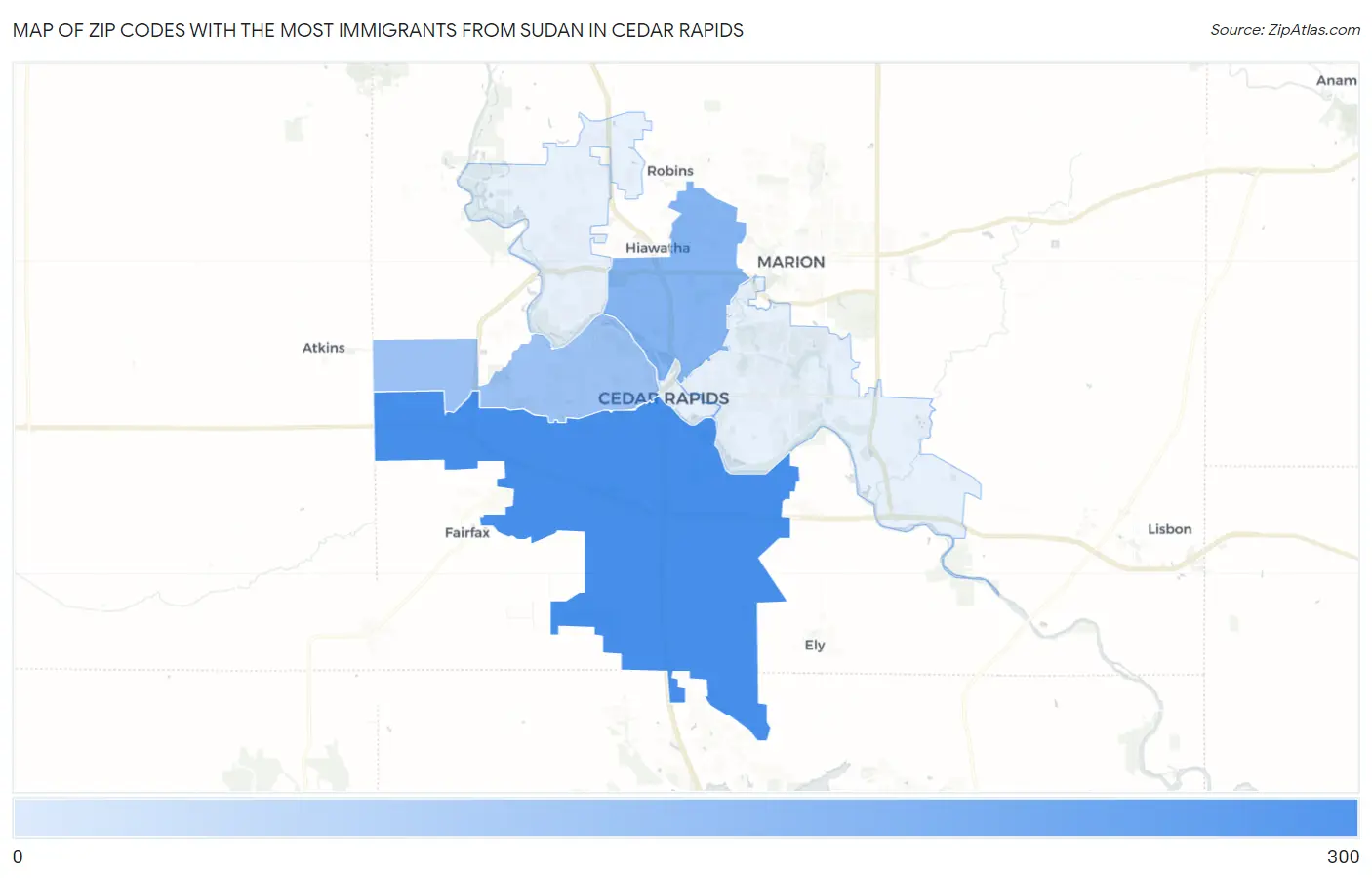 Zip Codes with the Most Immigrants from Sudan in Cedar Rapids Map