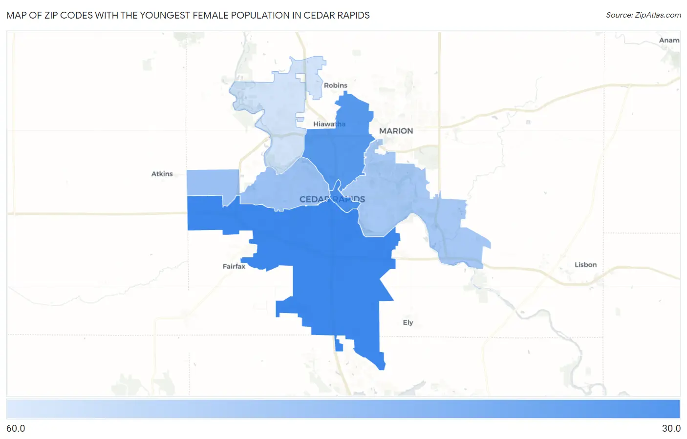 Zip Codes with the Youngest Female Population in Cedar Rapids Map