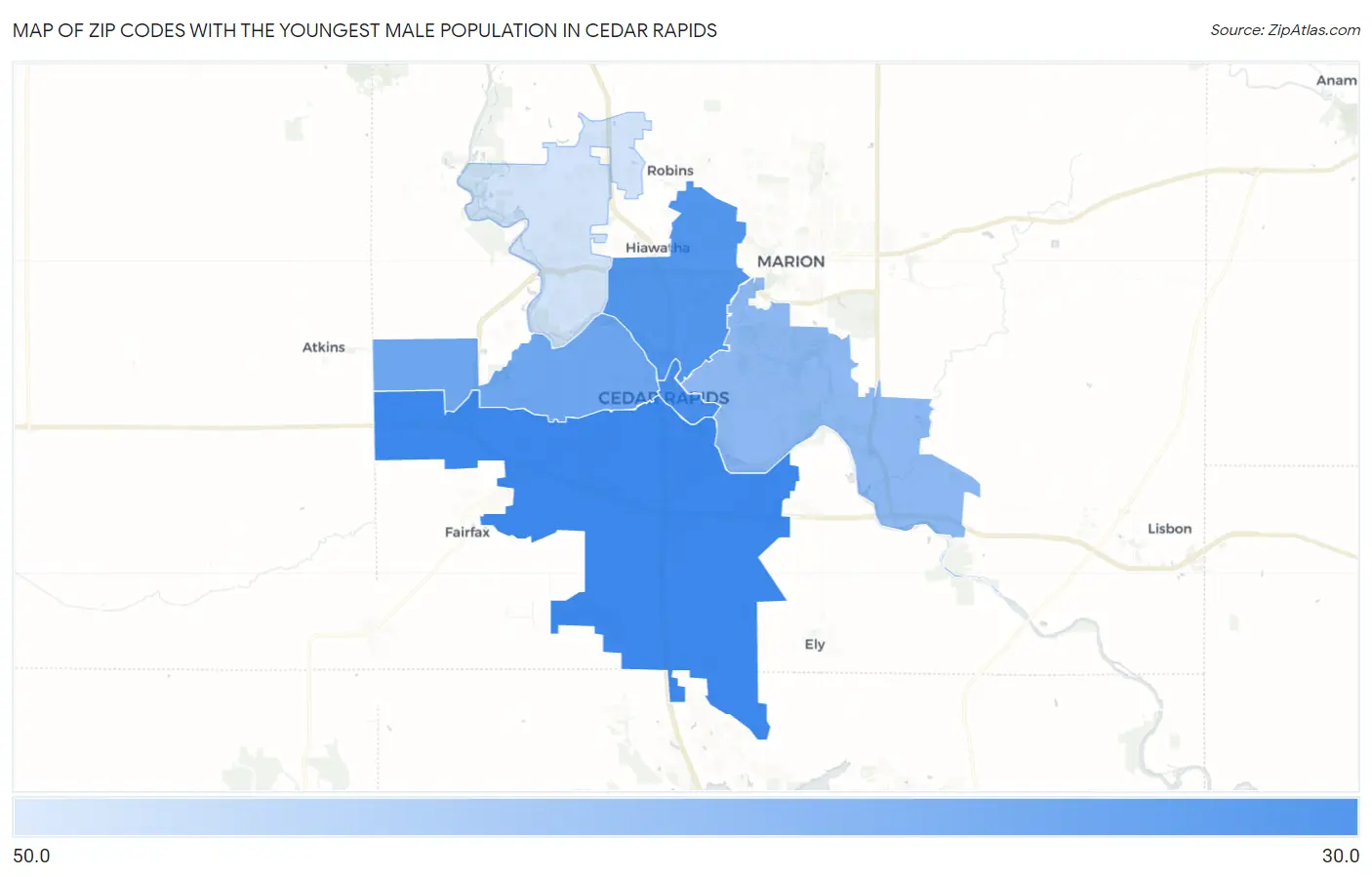 Zip Codes with the Youngest Male Population in Cedar Rapids Map