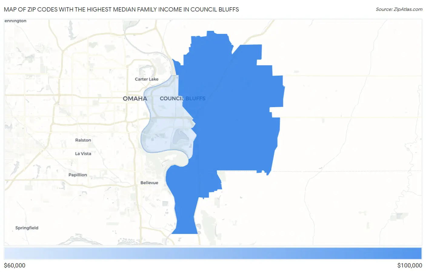 Zip Codes with the Highest Median Family Income in Council Bluffs Map