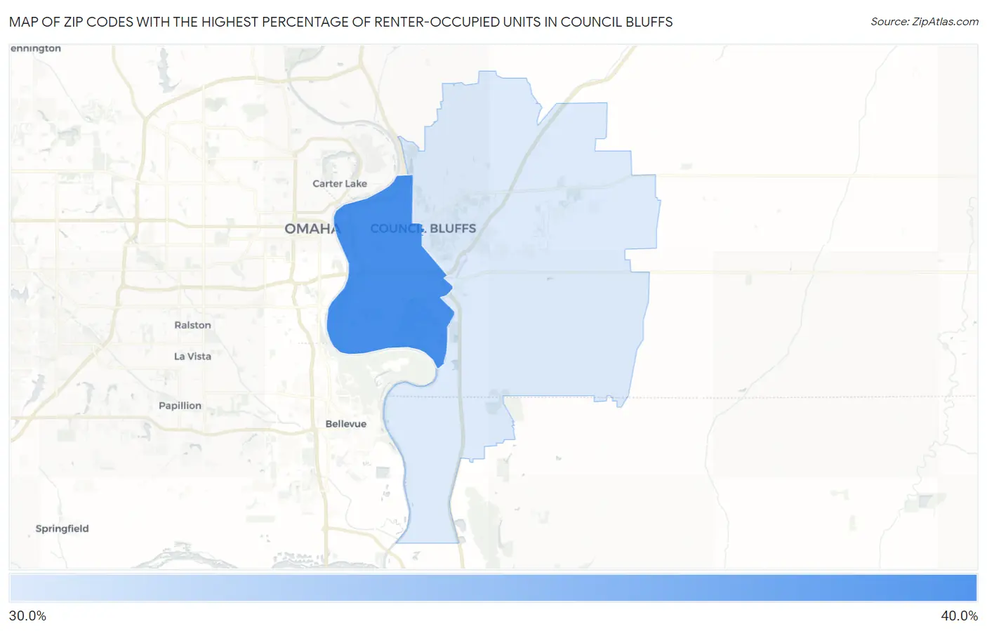 Zip Codes with the Highest Percentage of Renter-Occupied Units in Council Bluffs Map