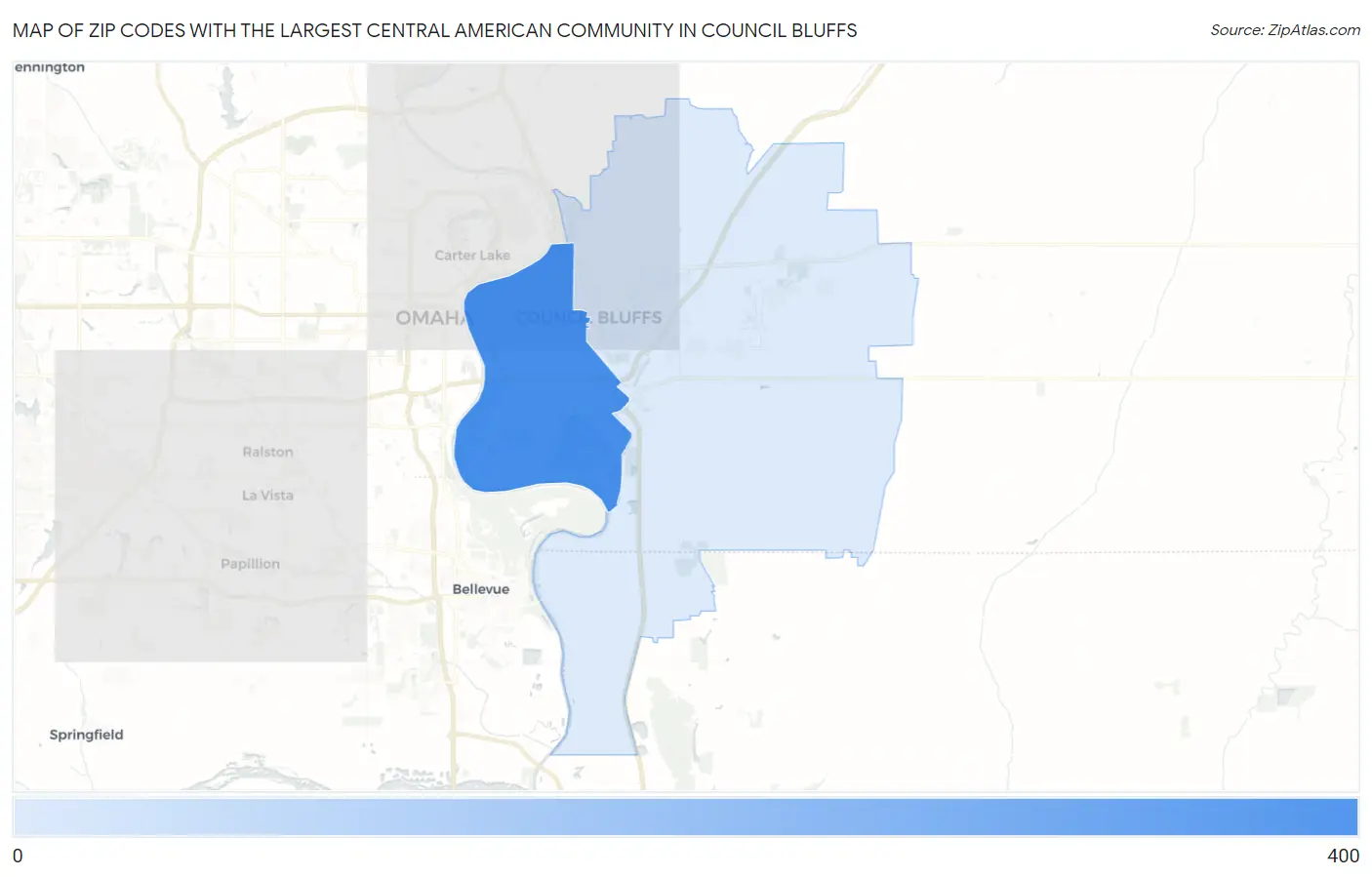 Zip Codes with the Largest Central American Community in Council Bluffs Map