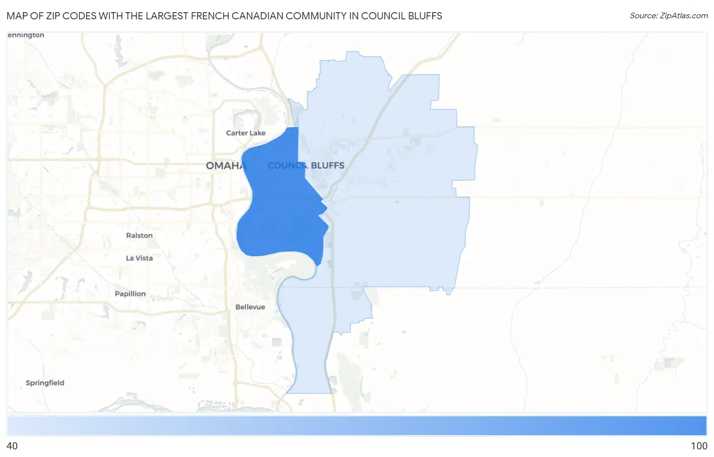 Zip Codes with the Largest French Canadian Community in Council Bluffs Map