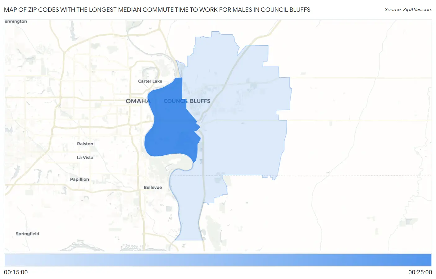 Zip Codes with the Longest Median Commute Time to Work for Males in Council Bluffs Map