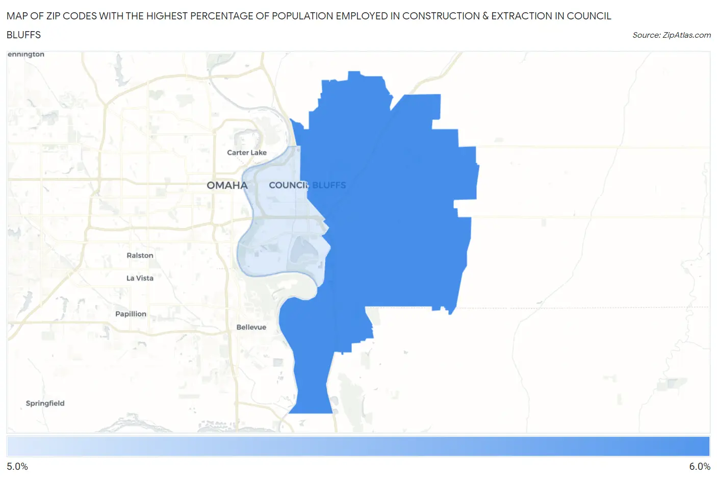 Zip Codes with the Highest Percentage of Population Employed in Construction & Extraction in Council Bluffs Map
