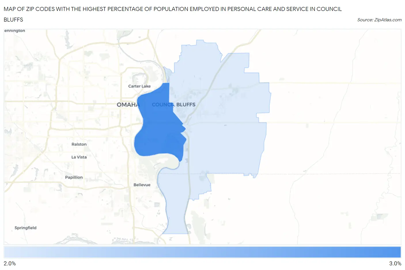 Zip Codes with the Highest Percentage of Population Employed in Personal Care and Service in Council Bluffs Map