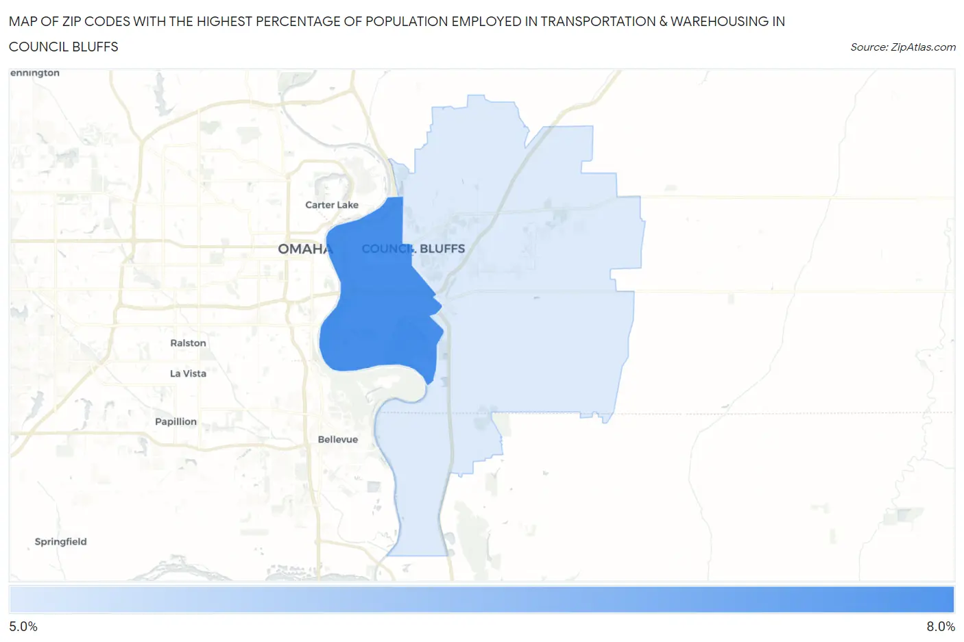 Zip Codes with the Highest Percentage of Population Employed in Transportation & Warehousing in Council Bluffs Map