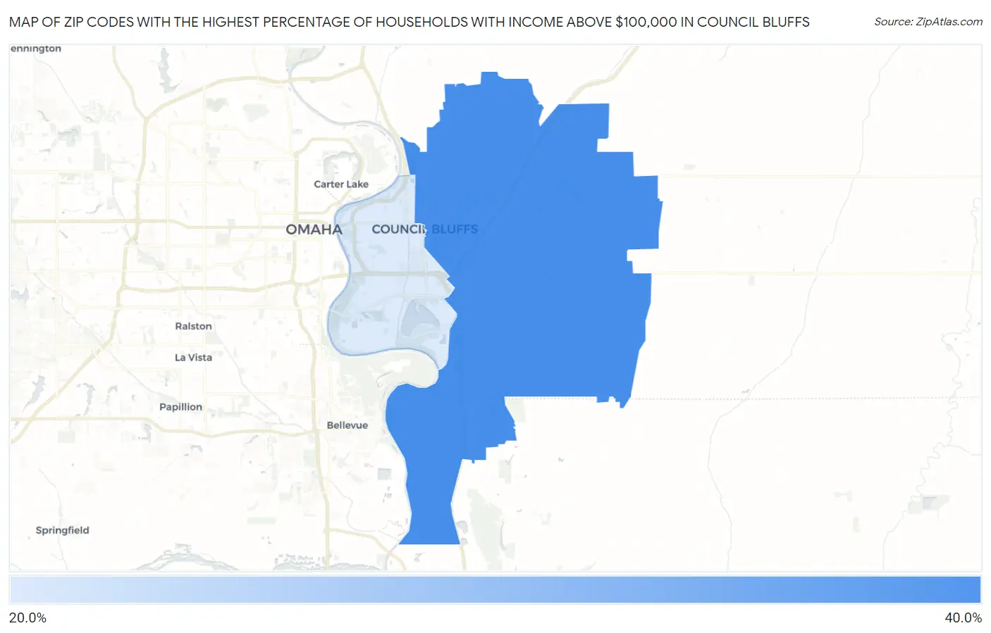 Zip Codes with the Highest Percentage of Households with Income Above $100,000 in Council Bluffs Map