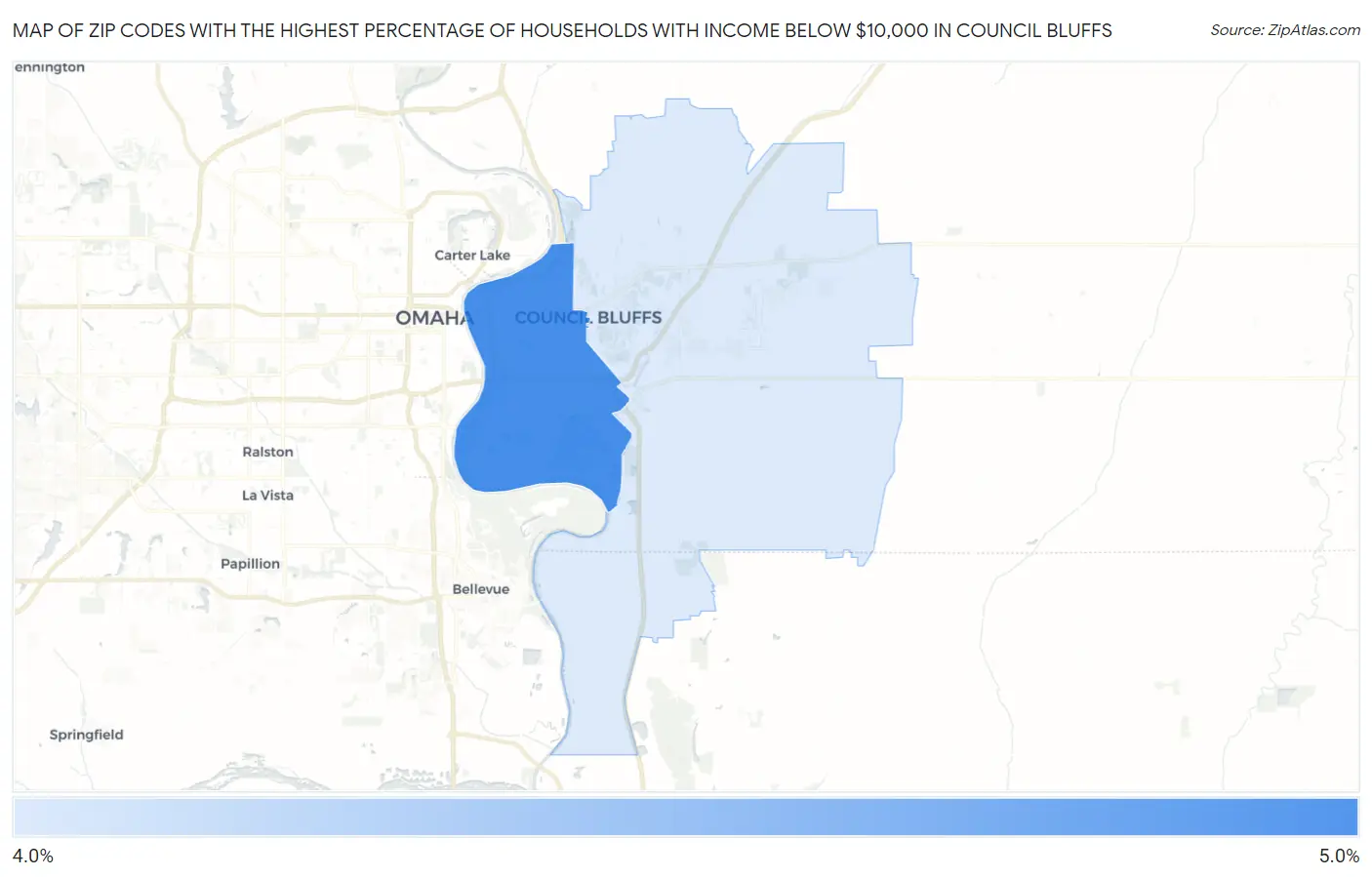 Zip Codes with the Highest Percentage of Households with Income Below $10,000 in Council Bluffs Map