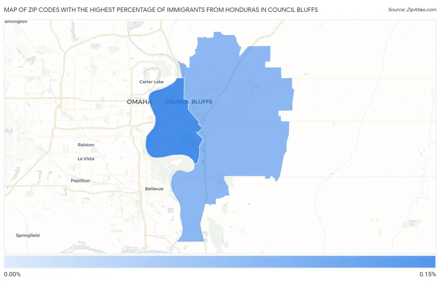 Zip Codes with the Highest Percentage of Immigrants from Honduras in Council Bluffs Map