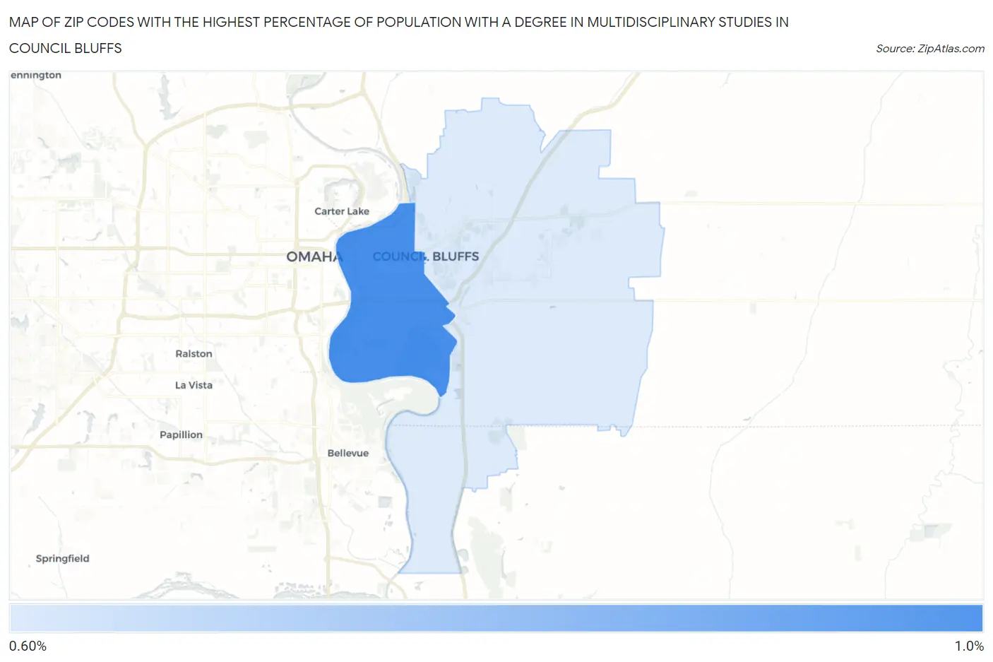 Zip Codes with the Highest Percentage of Population with a Degree in Multidisciplinary Studies in Council Bluffs Map