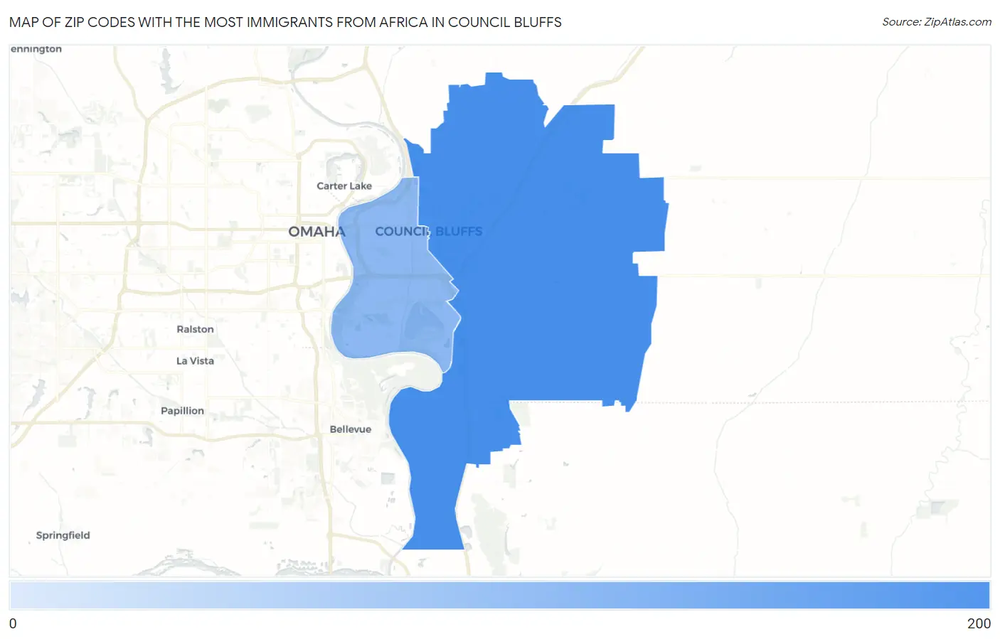 Zip Codes with the Most Immigrants from Africa in Council Bluffs Map