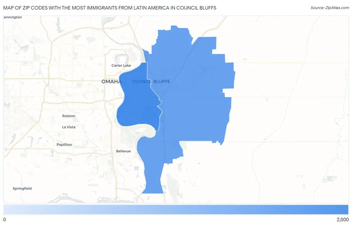 Zip Codes with the Most Immigrants from Latin America in Council Bluffs Map