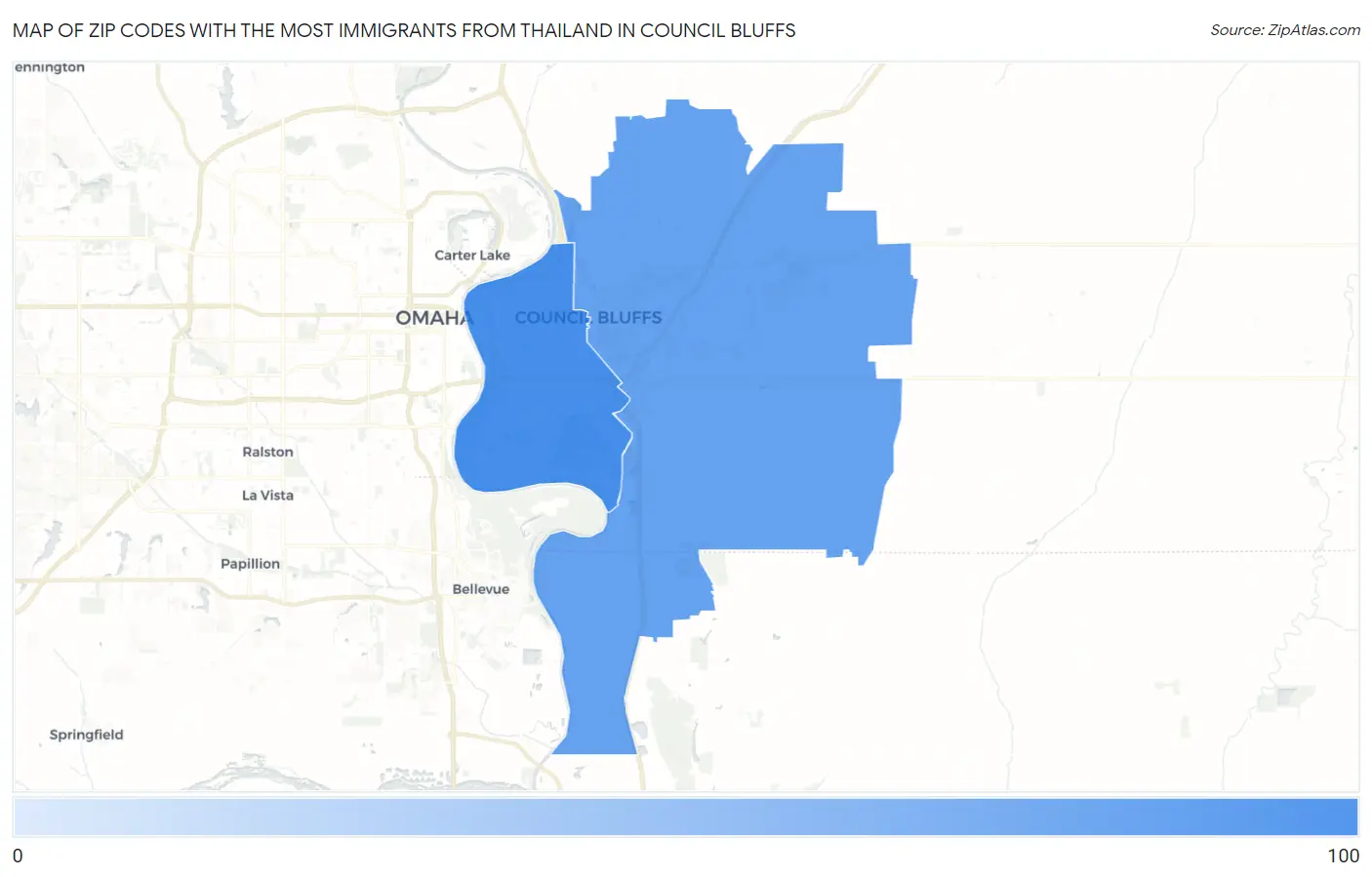 Zip Codes with the Most Immigrants from Thailand in Council Bluffs Map