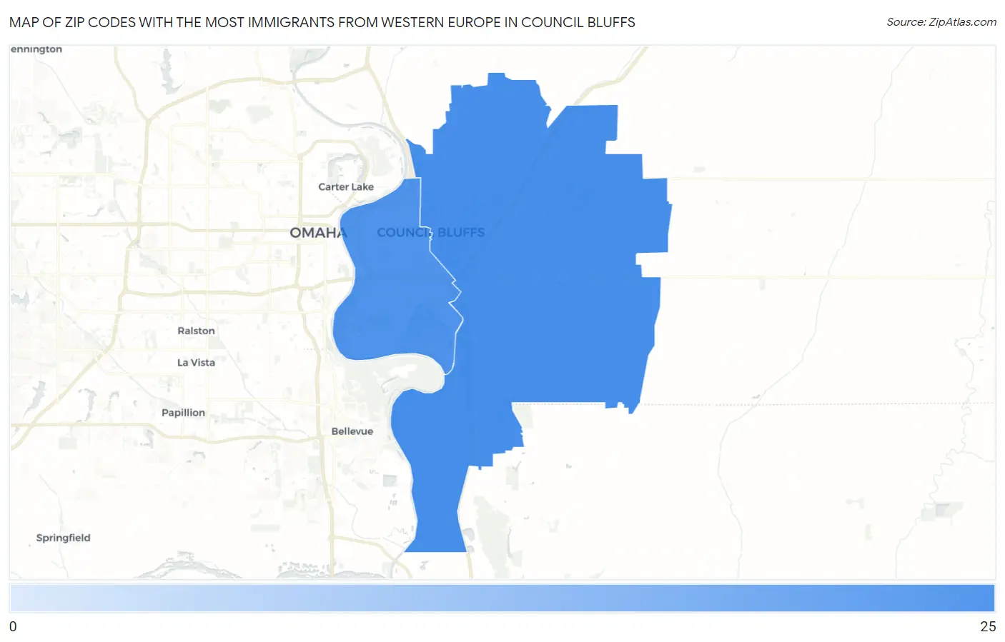 Zip Codes with the Most Immigrants from Western Europe in Council Bluffs Map
