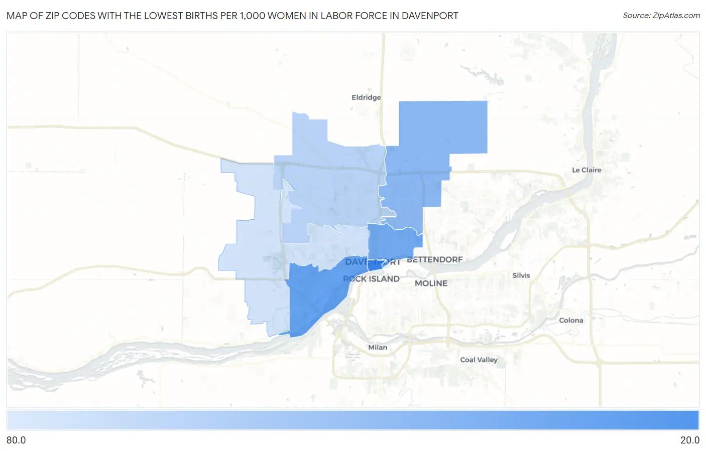 Zip Codes with the Lowest Births per 1,000 Women in Labor Force in Davenport Map