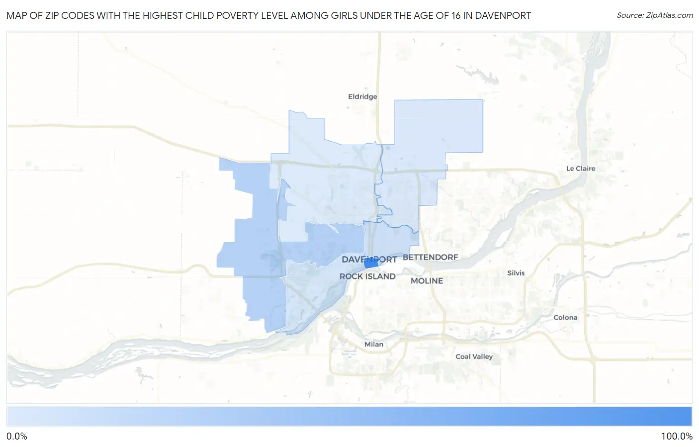 Zip Codes with the Highest Child Poverty Level Among Girls Under the Age of 16 in Davenport Map