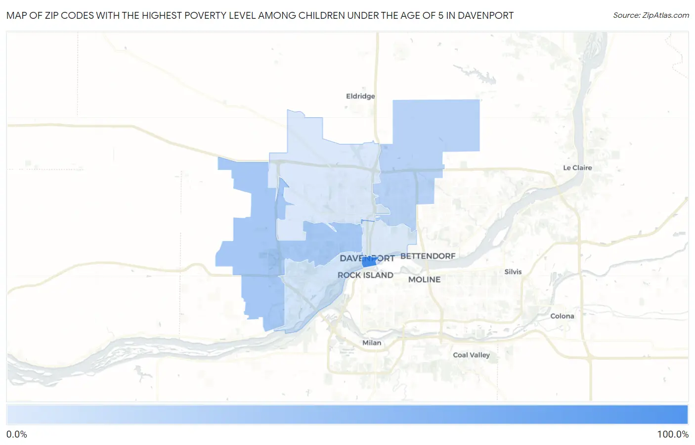 Zip Codes with the Highest Poverty Level Among Children Under the Age of 5 in Davenport Map