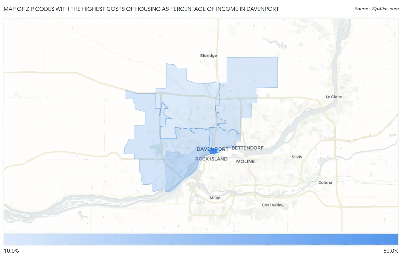 Zip Codes with the Highest Costs of Housing as Percentage of Income in Davenport Map